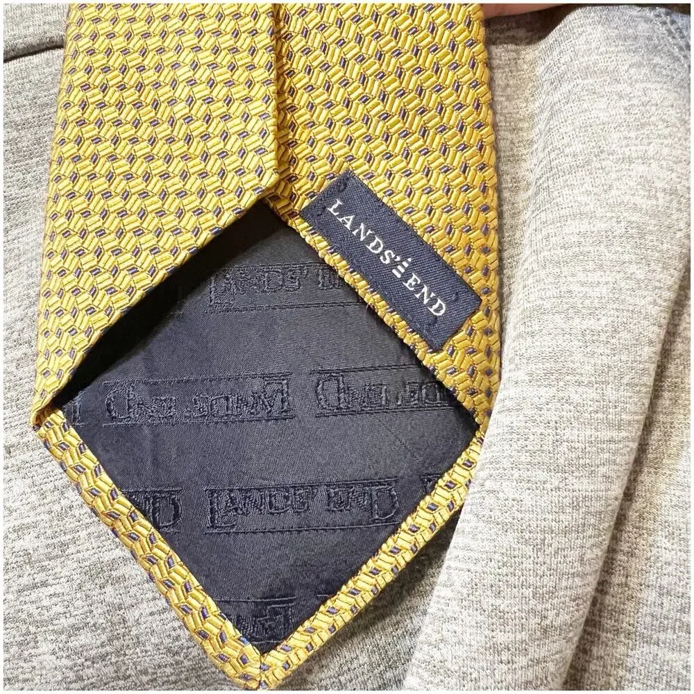 Land’s End 100% Silk Men’s Yellow Tie Geometric Print Textured Vintage Preppy